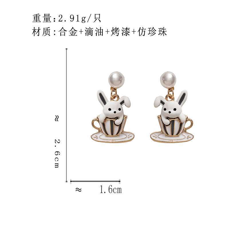 BA7565原創甜美氣質可愛珍珠趣味茶杯兔S925銀針耳環2024.04.16