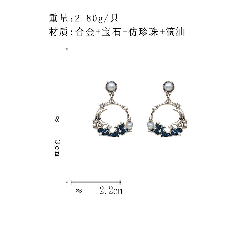 BJ7035原創設計珍珠月亮藍色海浪S925銀針耳釘2023.06.27