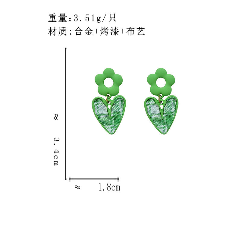 BK7149原創設計清新綠色布藝格子愛心S925銀針耳釘2023.07.07