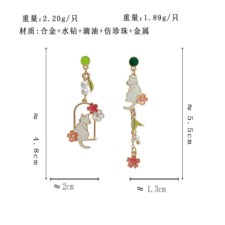 BM5807自主設計不對稱流蘇花朵小貓咪S925銀針耳釘2023.05.19