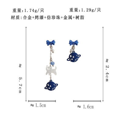 BM5564自主設計克萊因藍不對稱蝴蝶結猫咪長款S925銀針耳釘2023.05.23