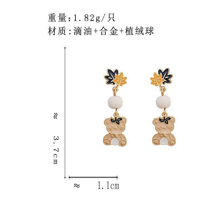 BJ6014自主設計撞色楓葉小熊植絨球S925銀針耳釘2023.06.20