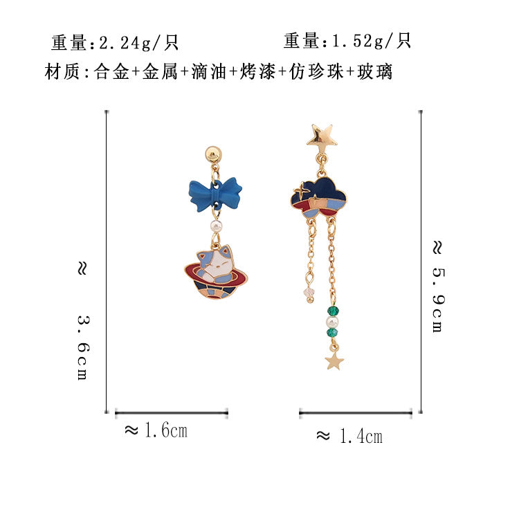 BM5845自主設計不對稱蝴蝶結猫咪雲朵星星S925銀針耳釘2023.05.23