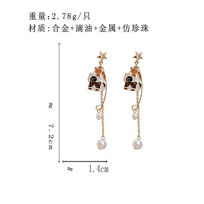 BA7567原創日系氣質珍珠可愛卡通俏皮猫咪長款S925銀針耳環2024.04.16