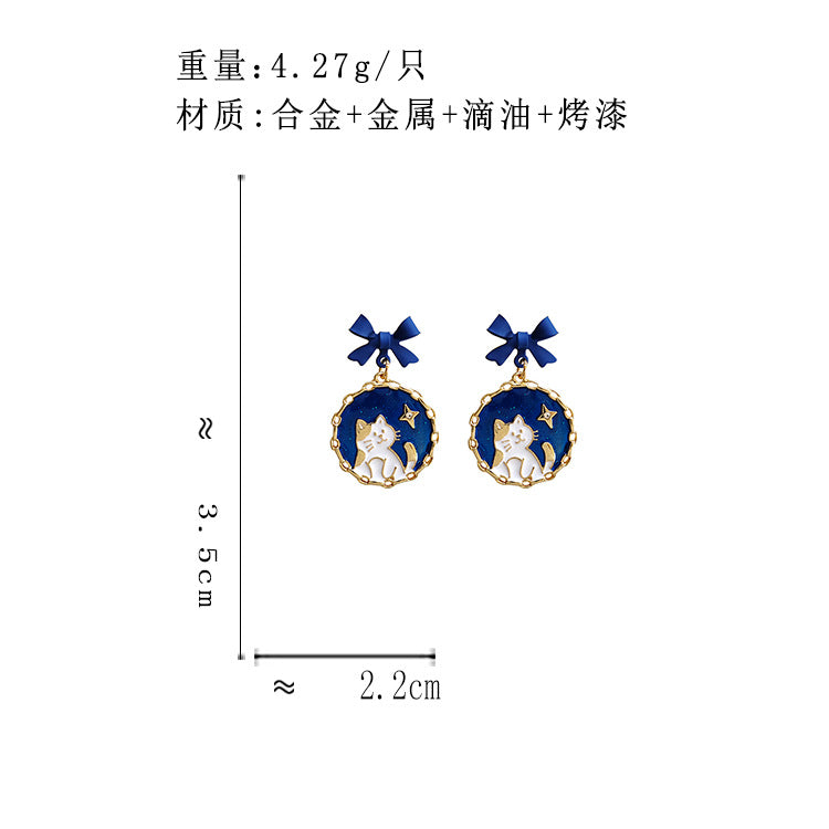 BM5038自主設計可愛藍色蝴蝶結小猫咪S925銀針耳環2023.05.16